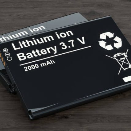 Battery or accumulator for phone on the wooden table, 3D rendering